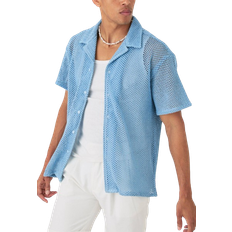 boohooMAN Boxy Open Stitch Shirt - Pale Blue