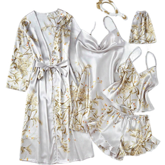 Knielange Kleider - Rüschen Bekleidung Shein LuxeNights 5pcs/Set Silk-Like Flower Print Camisole Top & Shorts & Dress & Robe & Storage Bag