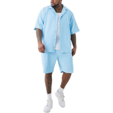 Blue - Men Jumpsuits & Overalls boohooMAN Drop Revere Pleated Shirt & Short Set Plus Size - Blue