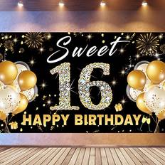 Sweet 16 backdrop birthday decorations sweet sixteen photo booth props black Black Gold 71 x 43 inch
