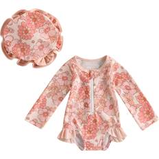 Mama's Sunshine Rash Guard Strawberry Print Bathing Suit + Sun Hat - Orange