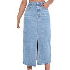 Blau - Midiröcke Bekleidung Shein EZwear High Waist Slit Denim Skirt - Light Wash