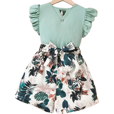 Shein Tween Girl Keyhole Neck Ruffle Trim Tee & Tropical Print Shorts