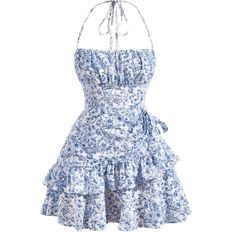 Knielange Kleider - Rüschen Bekleidung Shein Mod Floral Print Ruffle Trim Tie Backless Ruched Bust Layered Halter Summer Short Dress