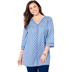 Blouses Catherines Plus Women's Crochet Trim V-Neck Tunic in French Blue Ikat Geo Size 1X