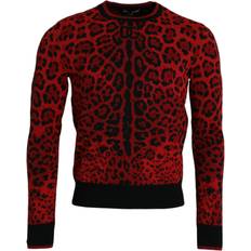 Dolce & Gabbana Red Sweaters Dolce & Gabbana Red Leopard Wool Crew Neck Pullover Men's Sweater