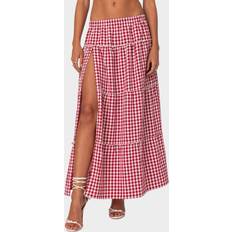 Red - Women Skirts Edikted Gingham Side Slit Tiered Maxi Skirt