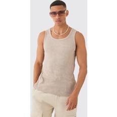 Beige - Men Tank Tops boohooMAN Mens Slim Acid Washed Ribbed Tank Beige