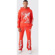 Red Suits boohooMAN Mens Regular Fit Graphic Raw Hem Flared Tracksuit