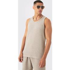 Beige - Men Tank Tops boohooMAN Mens Core Textured Stripe Tank Beige