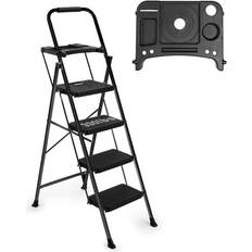 Extension Ladders 4 step folding ladder with tool platform non-slip Black