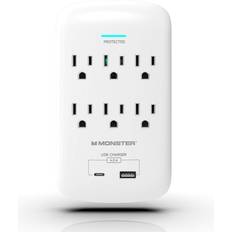 Monster Wall Tap Power Plug Adapter with Power Surge Protector Heavy Duty Protection for AC & USB Ports Ideal for Computers, Home Appliances, & Office Equipment, White, 6-Outlet and 2 USB Ports