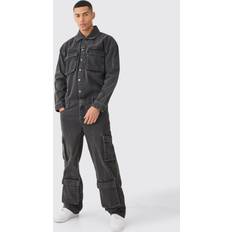 Cotton Suits boohooMAN Mens Acid Oversized Cargo Pocket Denim Boilersuit In Charcoal Grey