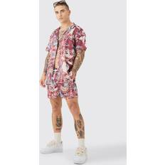 L - Rot Anzüge boohooMAN Mens Oversized Ripstop Floral Shirt & Trunks Set Red