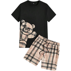 Men Jumpsuits & Overalls Shein Manfinity Hypemode Men's Checkered Bear Print Short Sleeve T-Shirt And Drawstring Waist Shorts Set