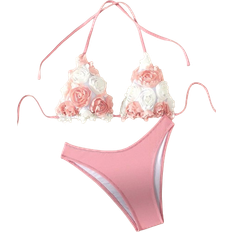 Polyester - Women Bikini Sets Shein Swim Mod Summer Beach Women's 3d Flower Halter Neck Two-Piece Swimsuit Valentine