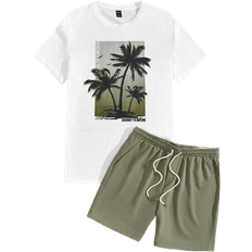 Men - White Clothing Shein Manfinity Chillmode Men Tropical Print Tee & Drawstring Waist Shorts