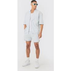 Gray - Women Suits boohooMAN Mens Dropped Revere Linen Piped Shirt & Smart Short Set Grey