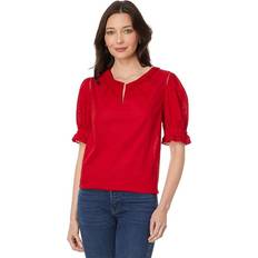 Tommy Hilfiger Red Blouses Tommy Hilfiger Women's Cotton Tonal-Stripe Puff-Sleeve Blouse Scarlet