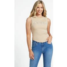 Beige Tank Tops Guess Factory Eliza Rhinestone Logo Tank