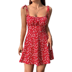 Red Dresses Shein Essnce Floral Print Pleated Bust Slip Dress