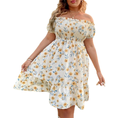 Knee Length Dresses Shein WYWH Plus Floral Print Off Shoulder Shirred Ruffle Hem Dress