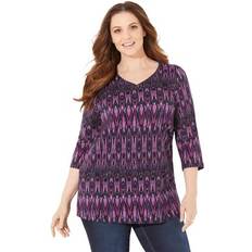 T-shirts & Tank Tops Catherines Plus Women's Suprema 3/4 Sleeve V-Neck Tee in Purple Tribal Size 3XWP
