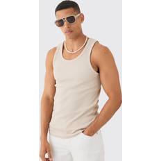 Beige - Men Tank Tops boohooMAN Mens Slim Waffle Tank Beige