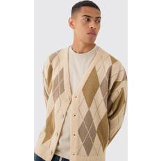 Beige - Men Coats boohooMAN Mens Boxy Oversized Brushed Flannel All Over Jacquard Cardigan Beige