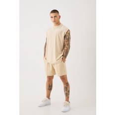 Beige - Men Sleepwear boohooMAN Mens Velour Oversized Tank & Pinktuck Shorts Set Beige