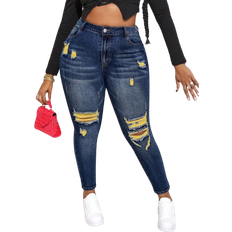 Shein Blue - Straight - Women Clothing Shein Privé Women's Plus Size Distressed Jeans