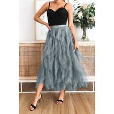 Midi Skirts - Polyester Women's Tulle Tulle Tiered Maxi Skirt Grey 10-12 Large