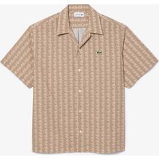 Beige - Herren Hemden Lacoste Short Sleeved Monogram Print Shirt - Beige/Brown