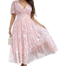 Shein Long Dresses Shein SHEIN Privé Plus Size Women'S Elegant Floral Jacquard & Cut Out Detail V-Neck Maxi Dress
