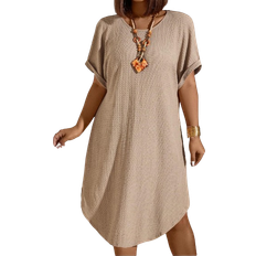 Beige - Midi Dresses Shein LUNE Plus Size Women's Batwing Sleeve Textured Bodycon Dress