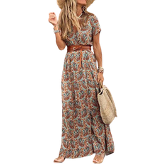 Lange Kleider Shein VCAY Women's Paisley Pattern V-Neck Elastic Waist High Slit Vacation Maxi Dress
