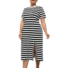 Shein Essnce Women's Plus Size Striped Loose Basic T-Shirt Dress With Side Slits, Spring And Summer