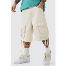 Cargo Shorts - White boohooMAN Mens Fixed Waist Washed Cargo Jorts Cream