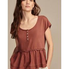 XXL Blouses Lucky Brand Women's Short-Sleeve Peplum Henley Top Cinnamon