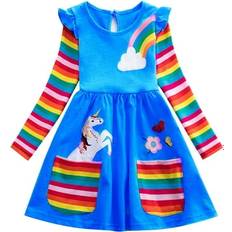 Kid's Rainbow Stripes Cartoon Horse Flower Embroidered Long Sleeves Dress - Blue