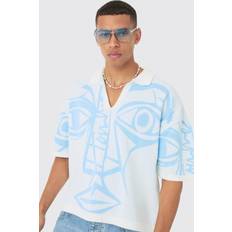 White - Women Polo Shirts boohooMAN Mens Oversized Boxy Face Line Drawing Knitted Polo White