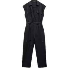 Mango Women's Cargo Style Linen Jumpsuit - Black