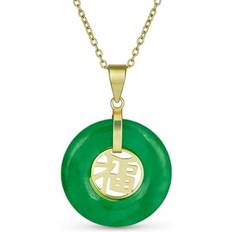 Bling Jewelry Circle Round Disc Donut Good Fortune Fu Character Chinese Symbol Pendant Necklace - Gold/Green