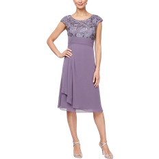 Alex Evenings Short Embroidered A-Line Dress with Pleated Waist Detail - Icy Orchid