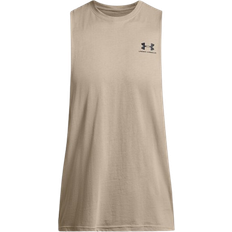 Cotton - Men Tank Tops Under Armour Men's Left Chest Cut-Off Tank - Timberwolf Taupe/Black