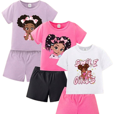 Shein 6pcs/Set Casual Daily Wear Baby Girl's Simple & Fun Sporty Pattern Printed Outfits Suitable For Spring And Summer Outing