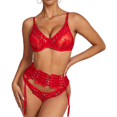 Dame - Polyester Undertøysett BlackBeauty Women's Lace Bra & Underwear with Belt - Red