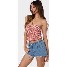 Red Blouses Edikted Lanna Gingham Elastic Scrunch Top