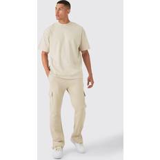 Beige - Men Sleepwear boohooMAN Mens Signature Oversized Tshirt And Cargo Jogger Set Beige