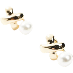 Wide Cross Stud Earrings - Gold/Pearls